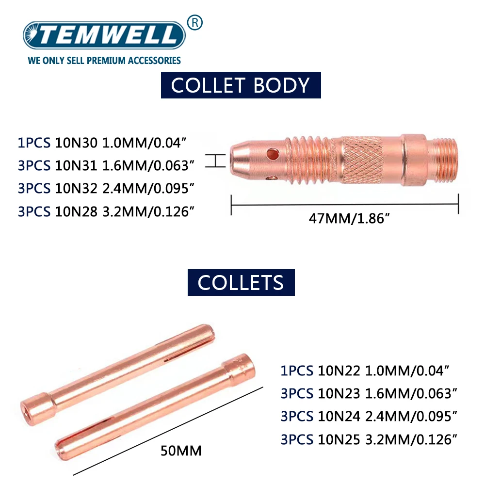 Imagem -06 - Tig Soldagem Tocha Corpo Peças Sobressalentes Kit Tampa Traseira Collet Acce Prático Durável Lente de Gás Stubby para Wp17 Wp18 Wp26 51 Pcs