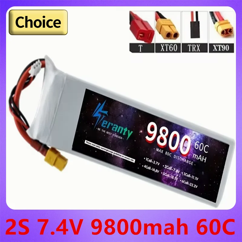 

Литий-полимерный аккумулятор 9800 мАч 7,4 В 60C, батарея с разъемом T TRX XT90 XT60 для радиоуправляемого квадрокоптера, полноприводного автомобиля, лодки, дрона, запчасти, батареи 2S