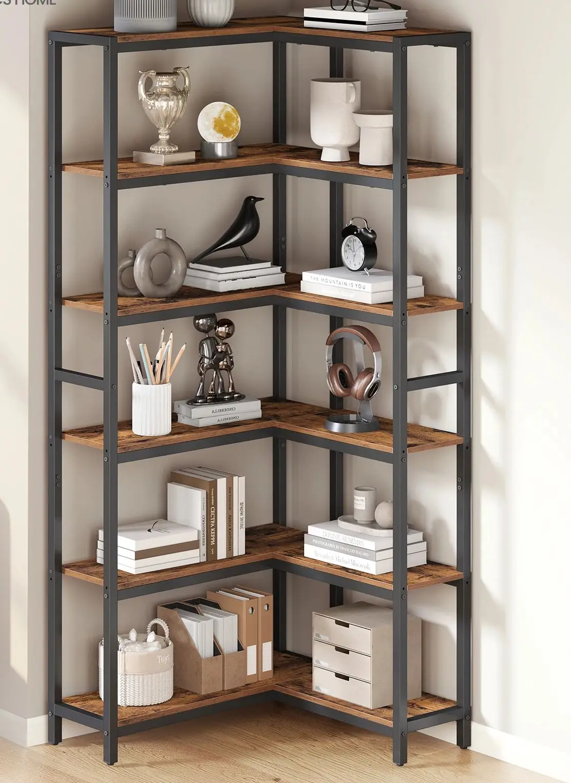 VASAGLE 6 stöckiges Bücherregal, Leiterregal, Eckregal, 24 x 102 x 175,2 cm, braun-schwarz