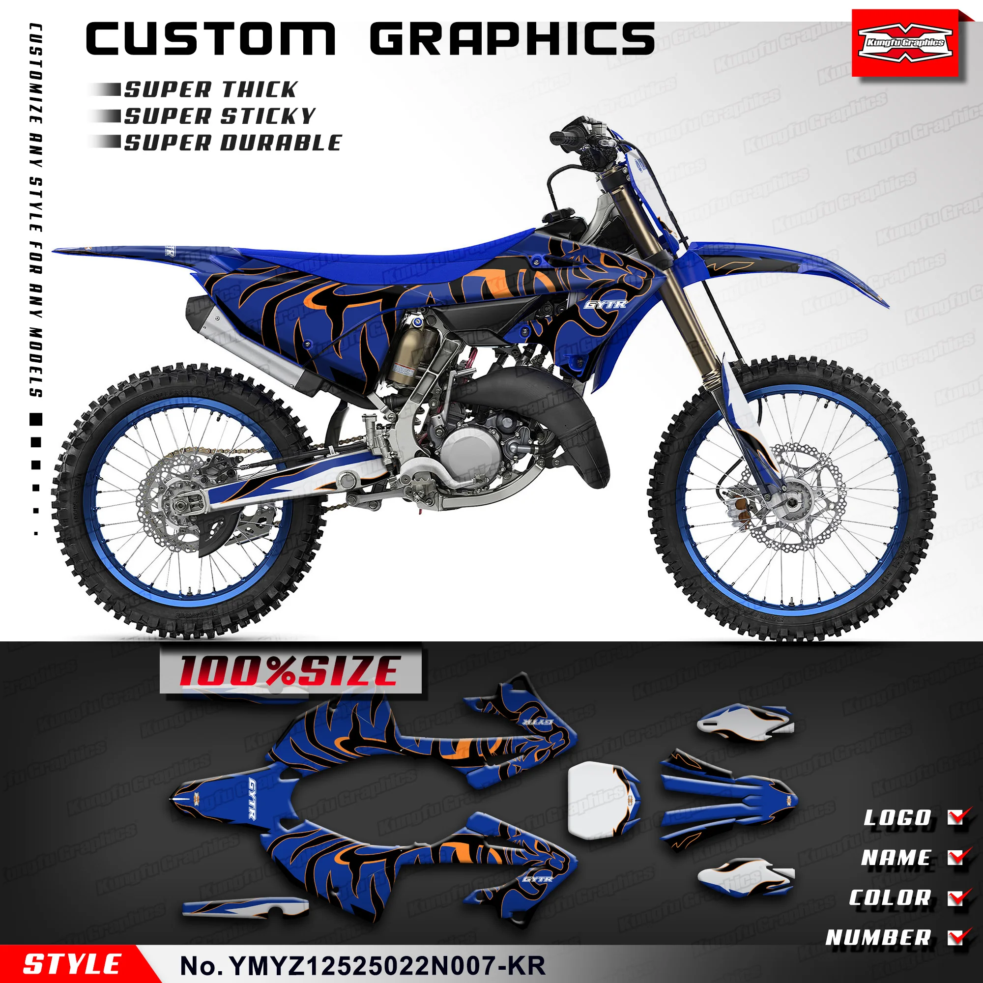 

KUNGFU GRAPHICS Waterproof Sunproof Sticker Decal Kit for Yamaha YZ125 YZ250 YZ 125 250 YZ125X YZ250X 2022 2023 2024, Blue