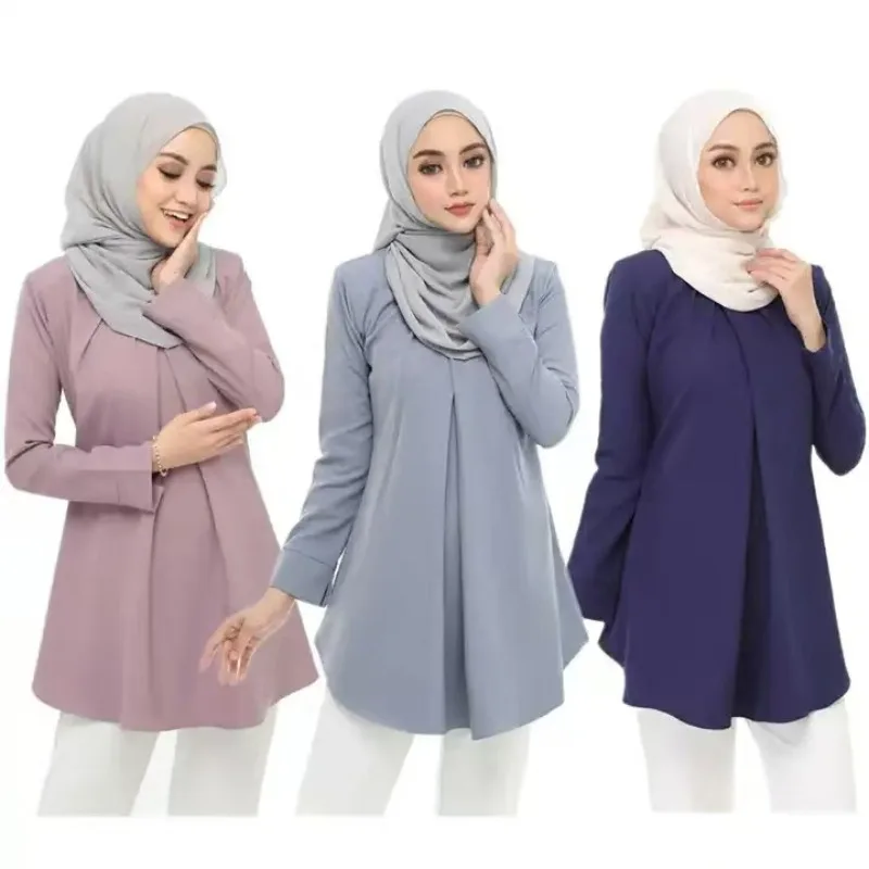 

2025 New Ramadan Abayat Malaysia Crew Neck Temperament Robe Femme Musulman Women's Top Solid Color Nine-Point Sleeve Shirt