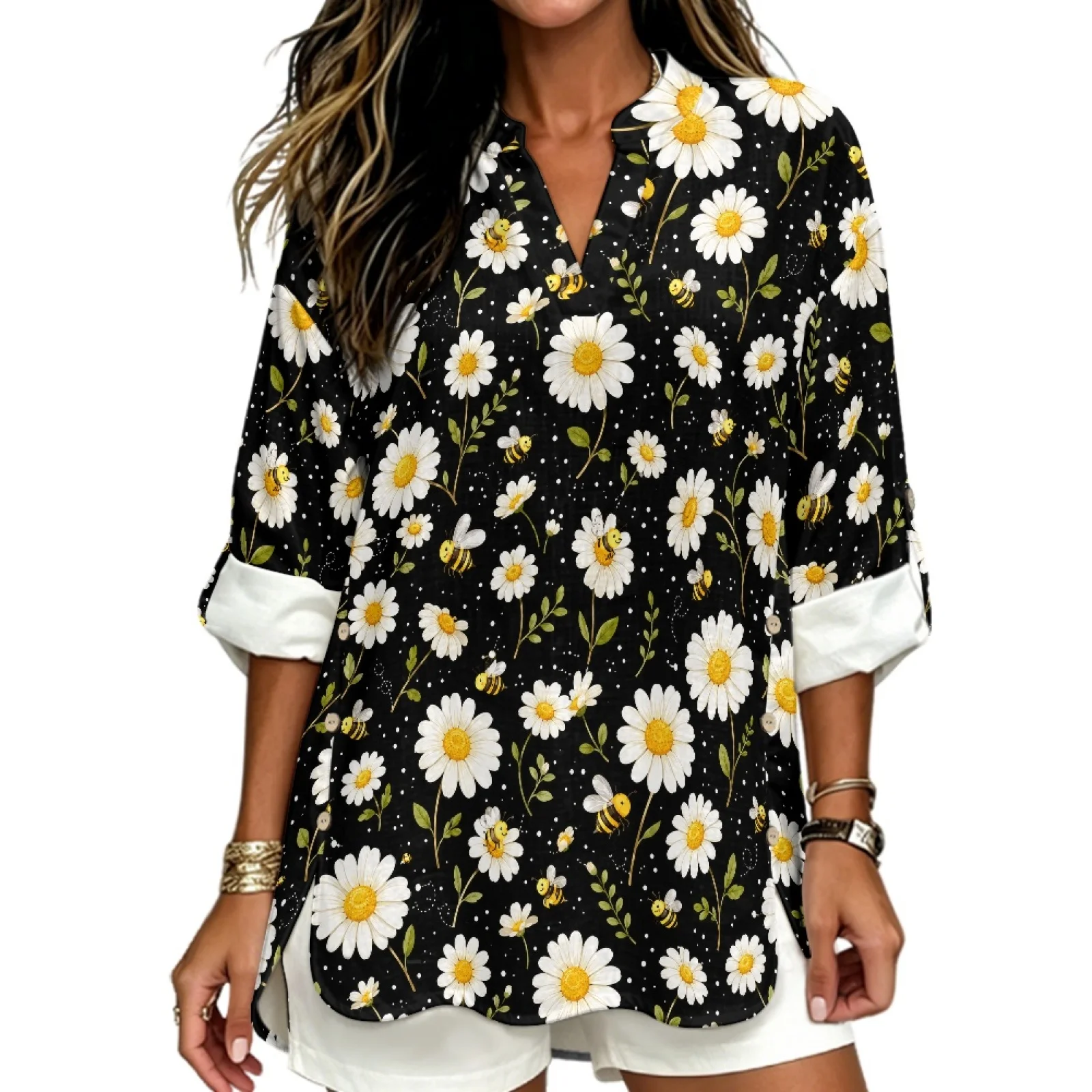 PENSTROLL Loose Linen Like Dressy Casual Blouses Comfortable Long Sleeve Tops for Outdoor Daisy Bee Print Pattern