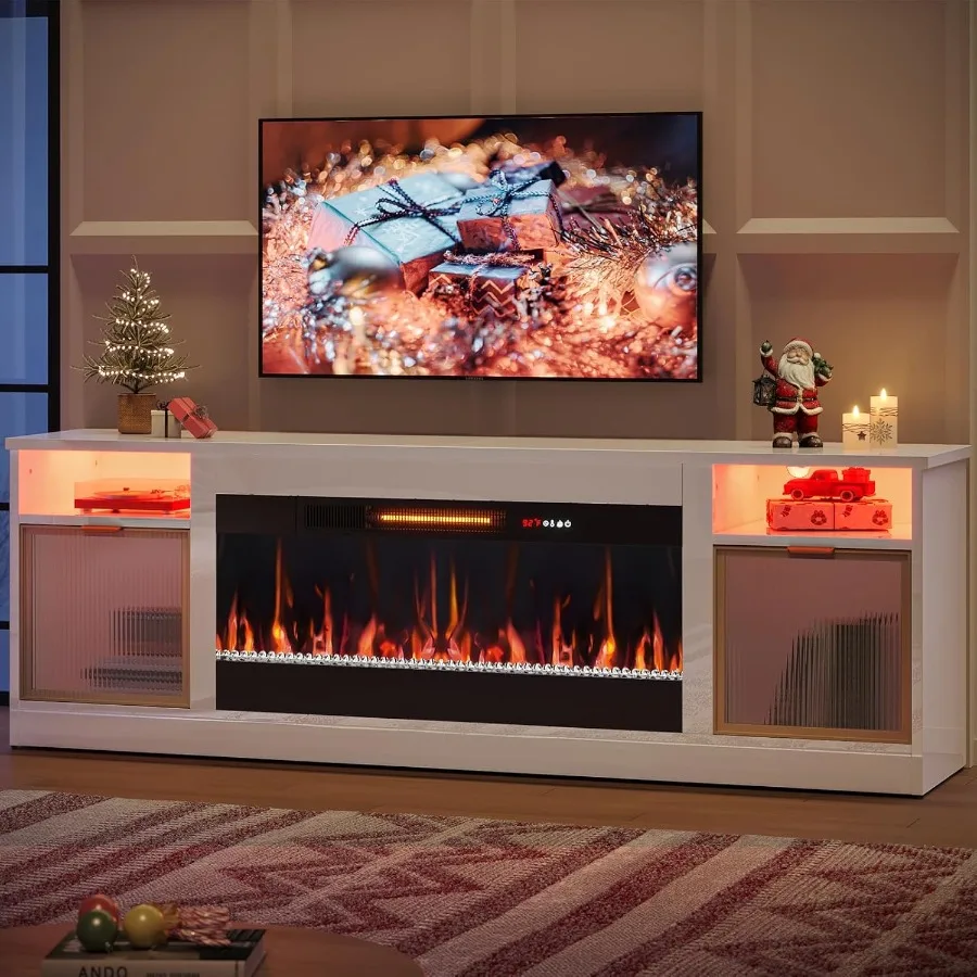 Consola multimedia moderna de alto brillo con 36 chimenea eléctrica para televisores de 65/70/75/80 pulgadas Centro de entretenimiento LED con amplio almacenamiento