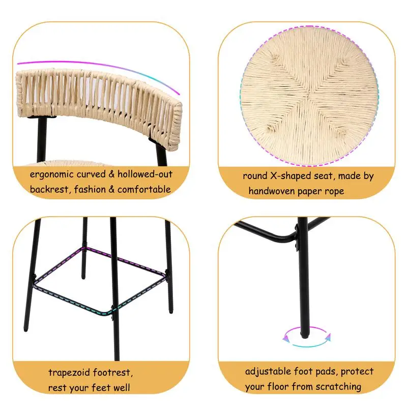 مجموعة من مقعدين من الحبال الورقية المنسوجة يدويًا، وكراسي حانة طعام مستديرة من بوهو للمطبخ باللون الأسود والكريمي. مثالية للحديث