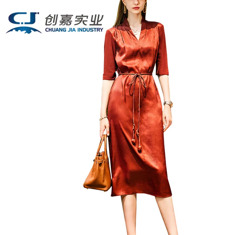 

Vintage Style Mulberry Silk Red Gauze Dress Women's Spring and Summer New Mid-length Luxury Red Silk Elegant Dress Free Shipping