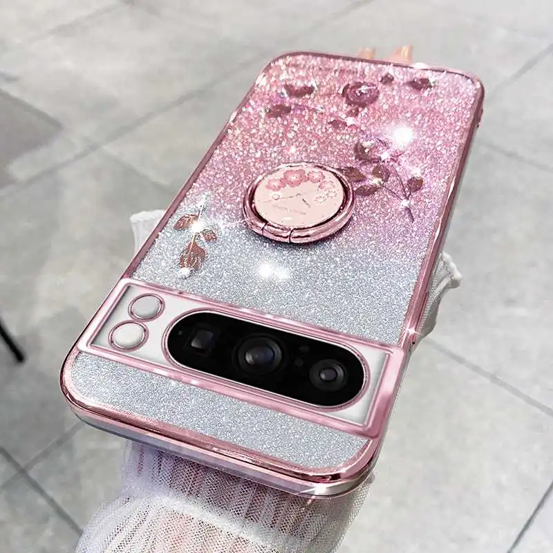 Floral Rhinestone Bling Soft Case For Google Pixel 8 Pro 7 7a 6a 6 Preserved Flower Pattern Phone Case With Ring Stand Holder