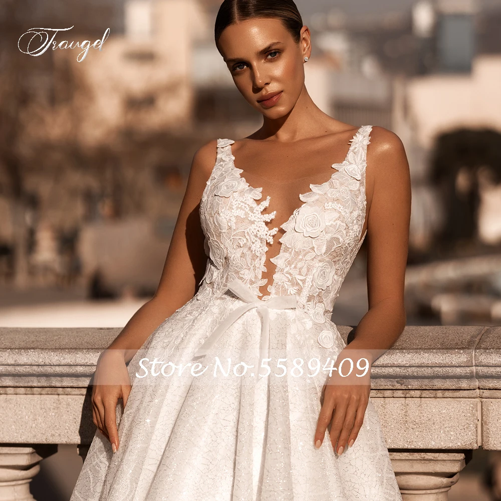 Traugel Sexy Backless V Neck Lace Vintage Wedding Dresses Delicate Tank Appliques Flowers Court Train A Line Bridal Gown