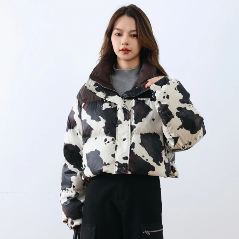 Short Down Jacket for Women, Color Clash, Retro Cow Prints, Trend Outerwears Stand-up Collar Thick Warm Coats Female Winter Coat