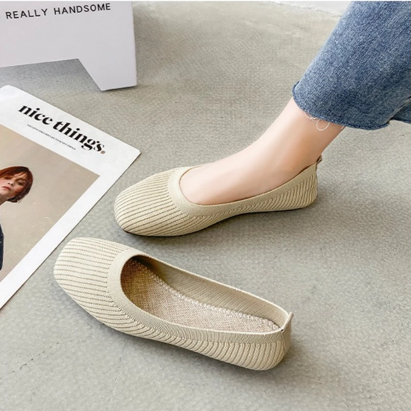 Damskie buty codzienne na lato i jesień, płaskie, oddychające, dzianinowe, z kwadratowym noskiem, wsuwane, damskie mokasyny do chodzenia, prowadzenia samochodu.