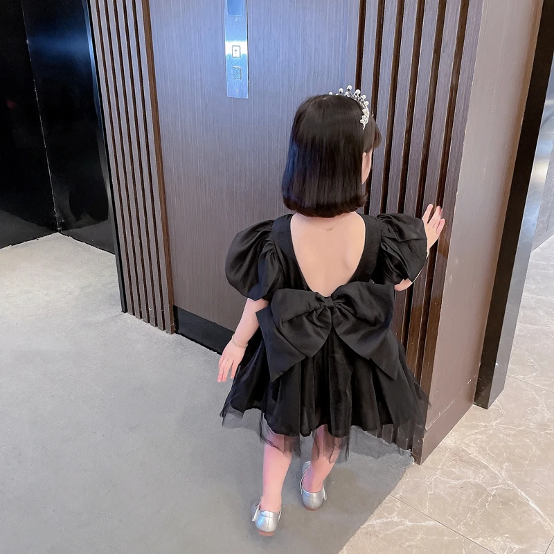 Bow girl's dress 2022 new factory cheap solid color breathable summer children's long skirt spring autumn backless baby's dress