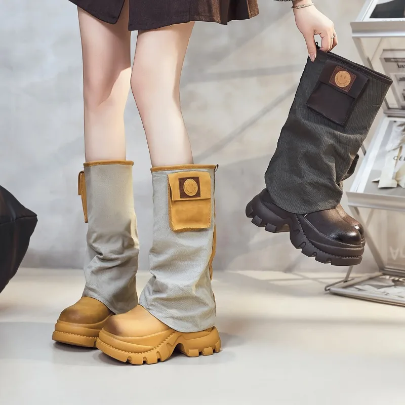 Fashion Trendy Color Match Round Toe Casual Women's Mid Calf Boots 2026 New Fold Cuff Pocket Design Thick Soled Women Boots