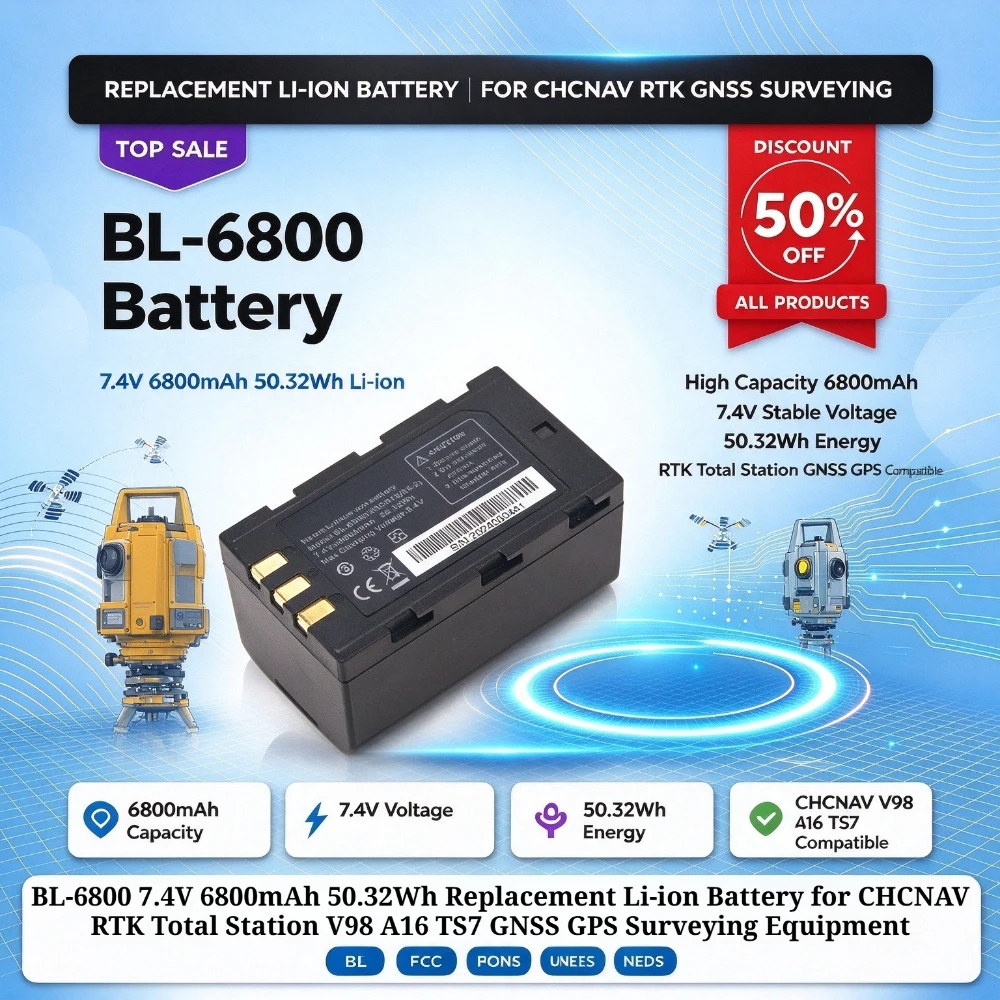 BL-6800 7.4V 6800mAh 50.32Wh Replacement Li-ion Battery for CHCNAV RTK Total Station V98 A16 TS7 GNSS GPS Surveying Equipment