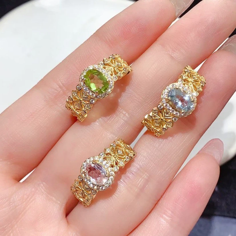 

925 Silver Hollow-out Design Ring 5x7mm Natural Morganite Ring 18K Gold Plated Peridot Aquamarine Jewelry Gift for Women