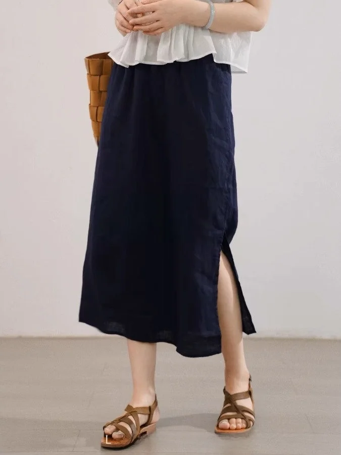 

High Waist Cotton Linen Women's Skirt Simple Design Elastic Waist Straight Cut Midi Skirt Comfortable Breezy Summer Faion