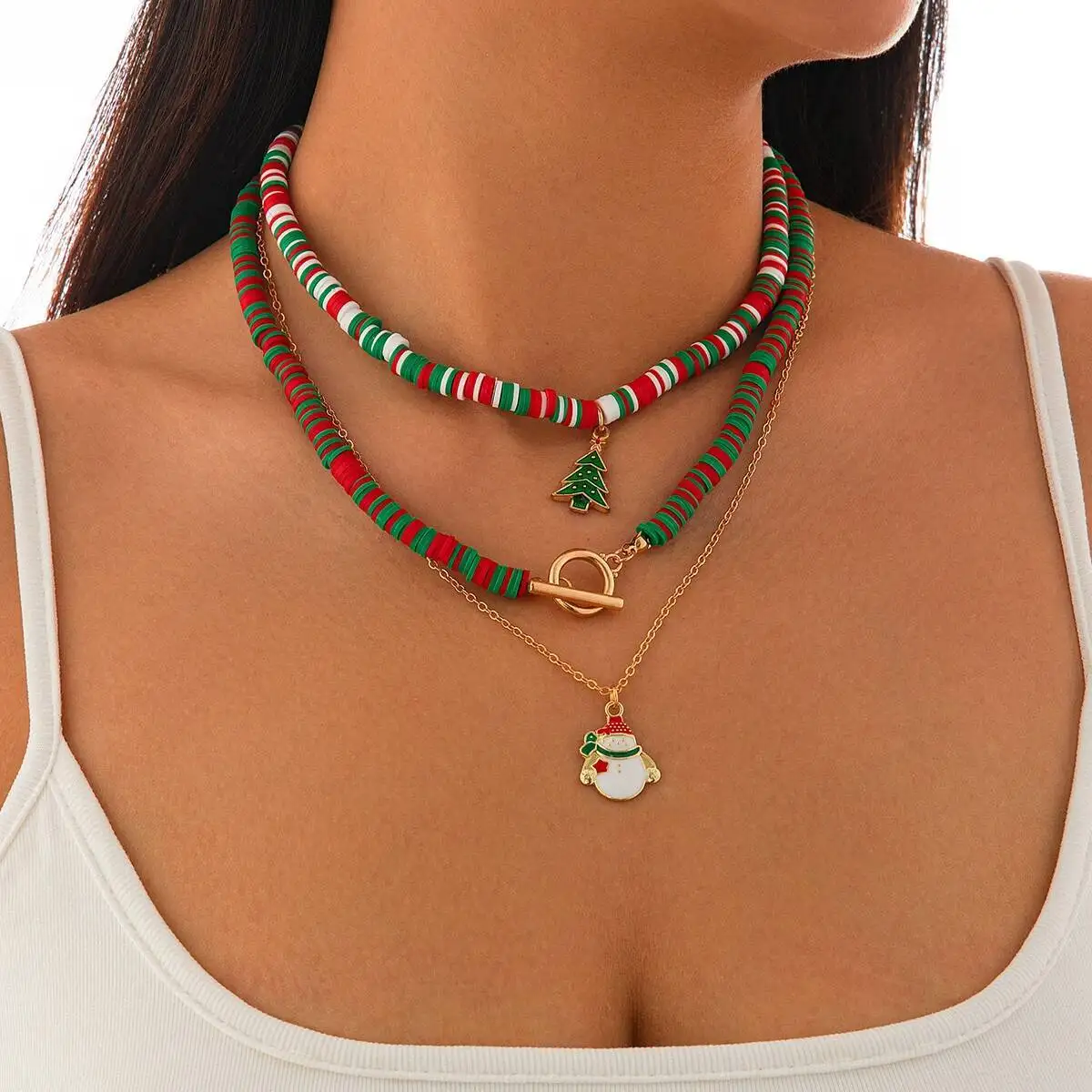 SHIXIN 3Pcs/Set 2026 Fashion Christmas Tree Snowman Pendant Necklace Women Polymer Clay Red Green Beaded Choker New Year Gifts