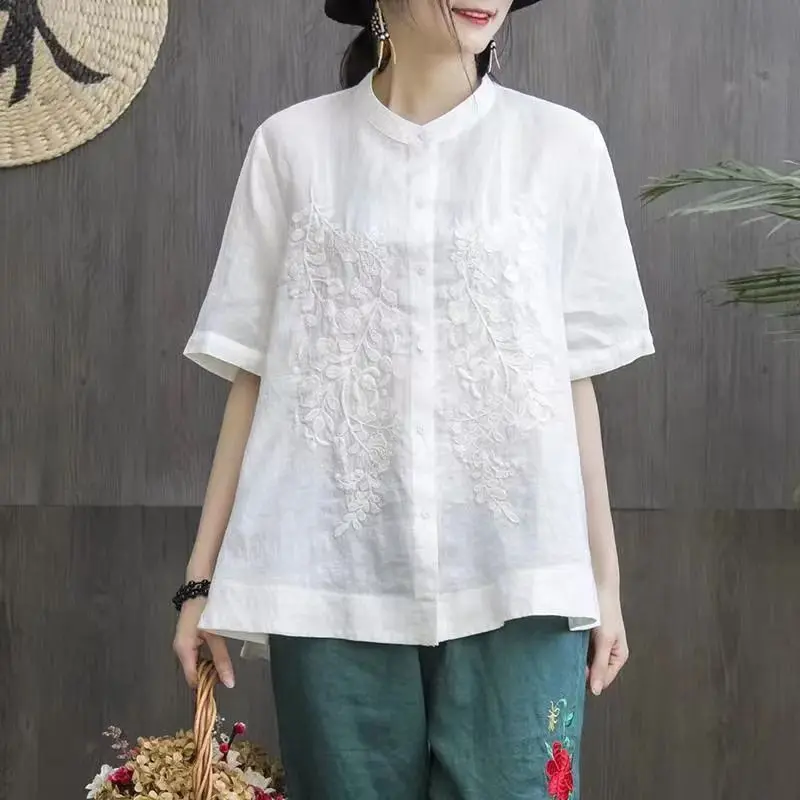 

Свободный женский свободный топ из чистого хлопка с вышивкой ort Sve irt и воротником-стойкой, художественный женский свободный крой, повседневный топ из льняной ткани