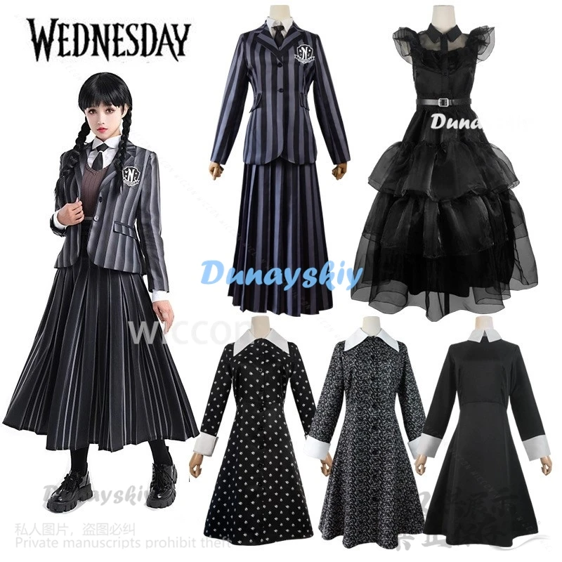 Disfraz de Cosplay de la película Anime Wednes Addams para niñas, vestido gótico negro Lolita, vestido de graduación, trajes para niñas, fiesta de Carnaval de Halloween para niños