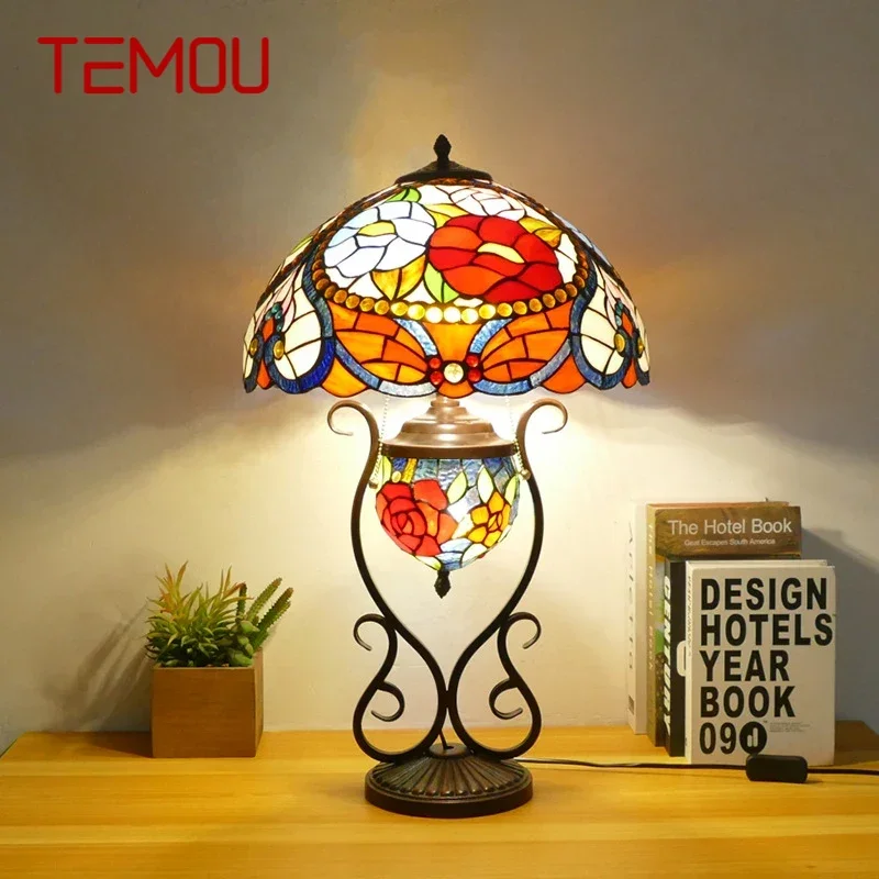 

TEMOU Tiffany Table Lamp American Retro Living Room Bedroom Lamp Luxurious Villa Hotel Stained Glass Desk Lamp