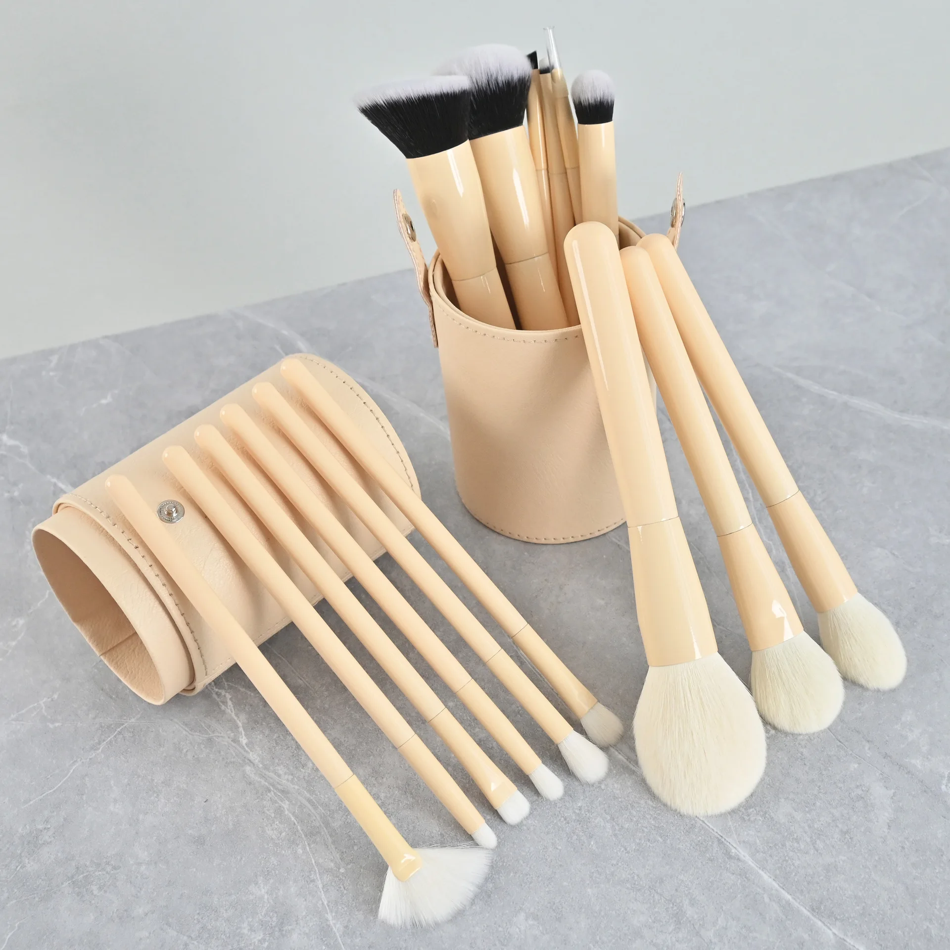 Conjunto de pincéis de maquiagem, 15 peças, cabra, cabelo natural, kit de pincéis brancos, luxo, profissional, academia, logotipo privado personalizado, 5 conjuntos