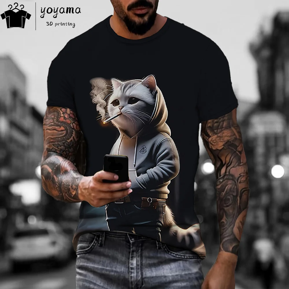 

Футболка мужская с забавным рисунком кошки, дышащая одежда с 3D-принтом, пуловер с коротким рукавом и круглым вырезом, топ для лета