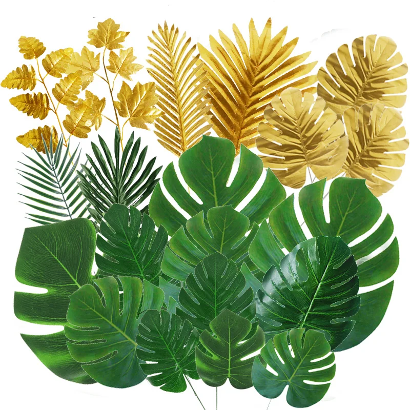 Artificial Tropical Gold Green Palm Leaves Hawaiian Luau Party Decorations Summer Wedding Birthday Home Table Decor Fake Plants