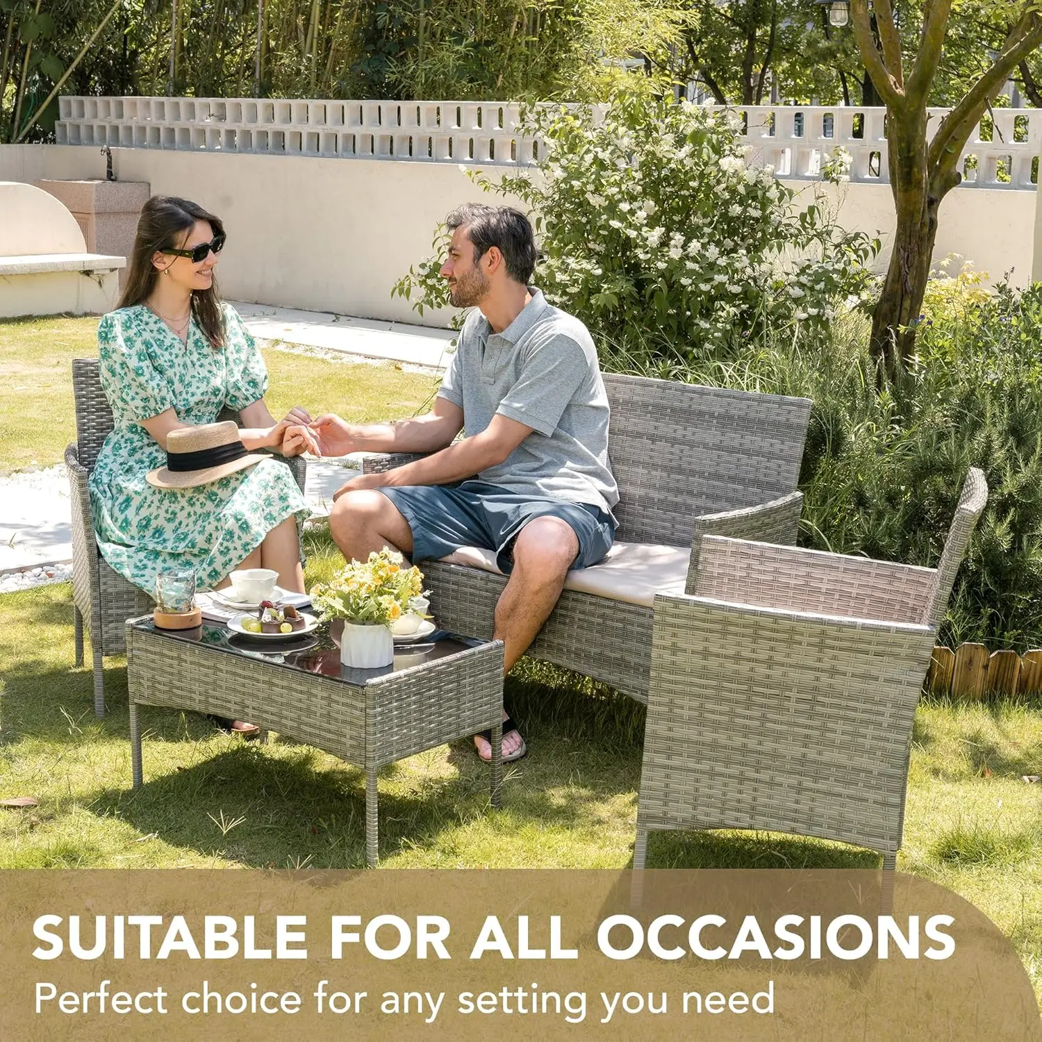 4 Stück Terrasse Veranda Möbel Sets Pe Rattan Korbs tühle beige Kissen mit Tisch Outdoor Garten Terrasse Möbel Sets (grau)