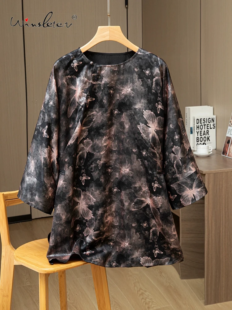 

Winsleter-100%Real Silk Watered Gauze Elegant Shirt, 3/4 Sleeve Jacquard, Women Retro Casual Loose Blouse, 2025 Autumn T59040CC