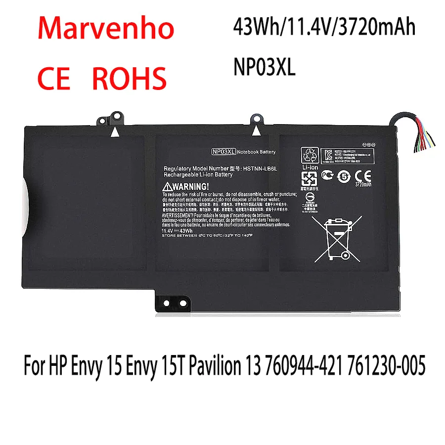 New Marvenho 43Wh 11.4V 3720mAh NP03XL HSTNN-LB6L Laptop Battery For HP Envy 15 Envy 15T Pavilion 13 760944-421 761230-005