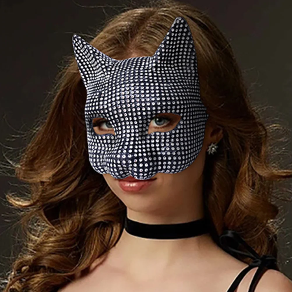 Halloween Cosplay Mask Halloween Mask Shiny Rhinestone Cat Shape Mask Party Supply