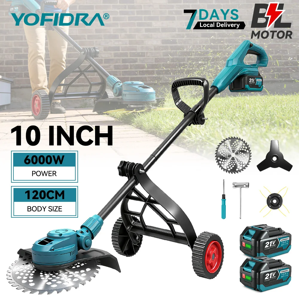 Image of YOFIDRA 10-Zoll Bürstenloser Elektrischer Rasenmäher 6000W Faltbarer Grasschneider Trimmer Garten-Elektrowerkzeug für Makita 18V Akku