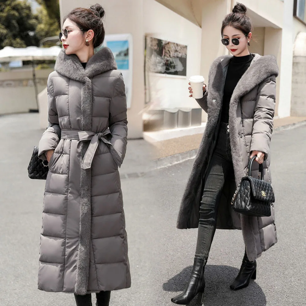 2023 Winter Long Cotton Padding Jacket Women Korean New Knee Length Down Cotton Coat Female Fur Splice Thicken Warm Hooded Parka