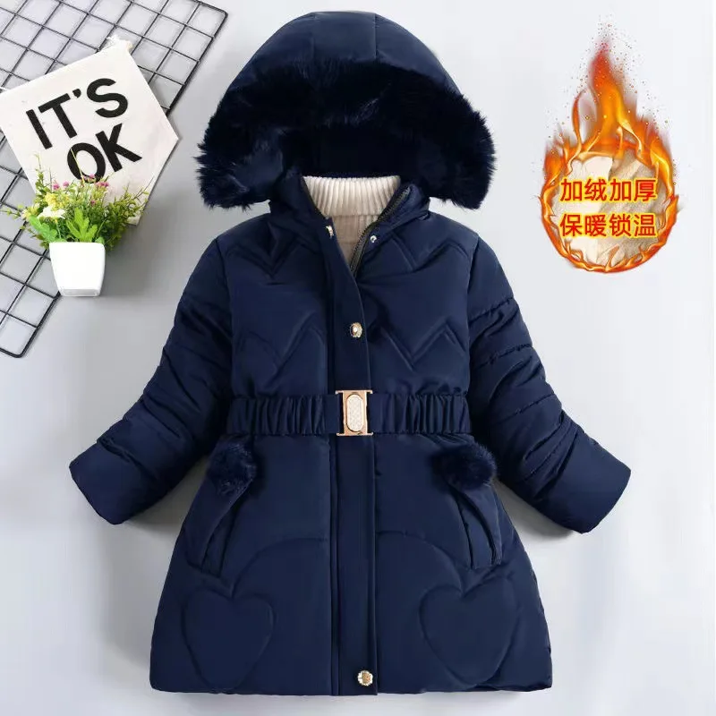 3 4 5 6 8 10 Years Winter Girls Coat Keep Warm Thicken Kids Jacket Hooded Zipper Fur Collar Princess Outerwear Children Clothing