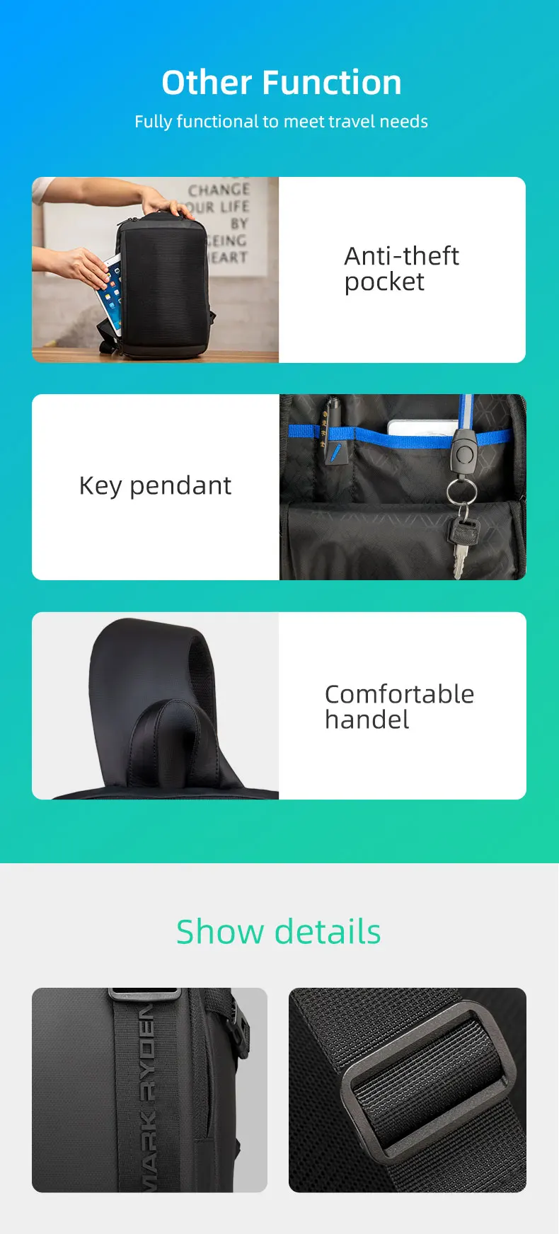 MARK RYDEN Crossbody Bag for 13.3" Pad RFID Anti-theft Messenger Shoulder Bag Water Repellent Short Trip Chest Bag Men Backpack
