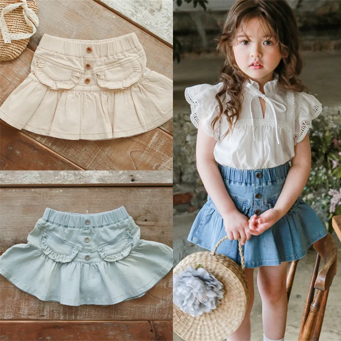 

Summer Kids Shorts Young Baby Girl High-Waisted Elastic Small pocket Frilled, pleated denim culottes Jeans Shorts Fit 1-12 Years