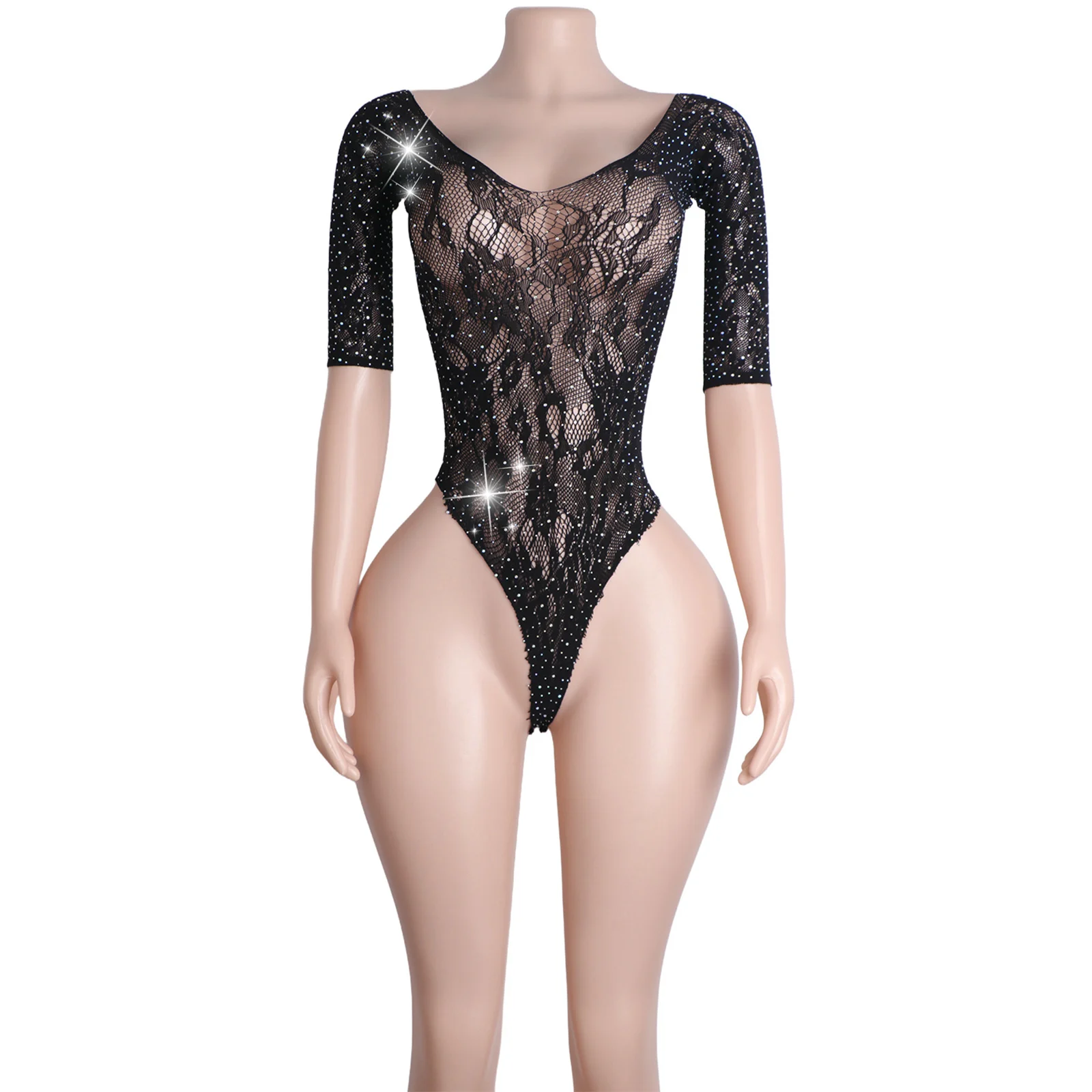 

Women's Rhinestone Fishnet Bodysuit with Thong Sleeves Sexy Deep V Clubwear Stage Performance Outfit Nightwear Dancewear