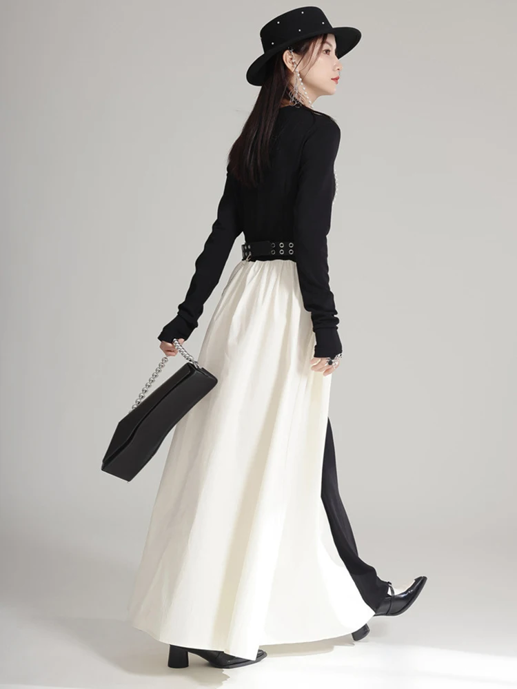 [EAM] Women Black Color-block Pocket Elegant Floor-Length Dress New V-Neck Long Sleeve Fashion Tide Spring Autumn 2024 1DH4922