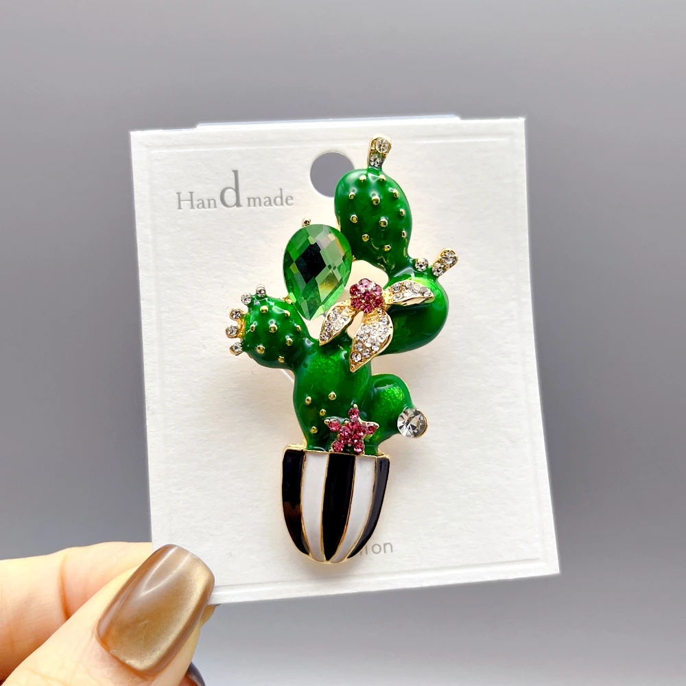 Lovely Enamel Cactus Flower Brooches For Lady Women Rhinestone Pot-Plants Clothes Pins Badge Accessories
