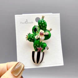 Lovely Enamel Cactus Flower Brooches For Lady Women Rhinestone Pot-Plants Clothes Pins Badge Accessories