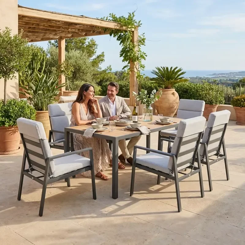 Modern 6-Seater Aluminum Outdoor Dining Set Comfortable Adjustable Reclining Chairs Patio Table Lightweight Garden Courtyard