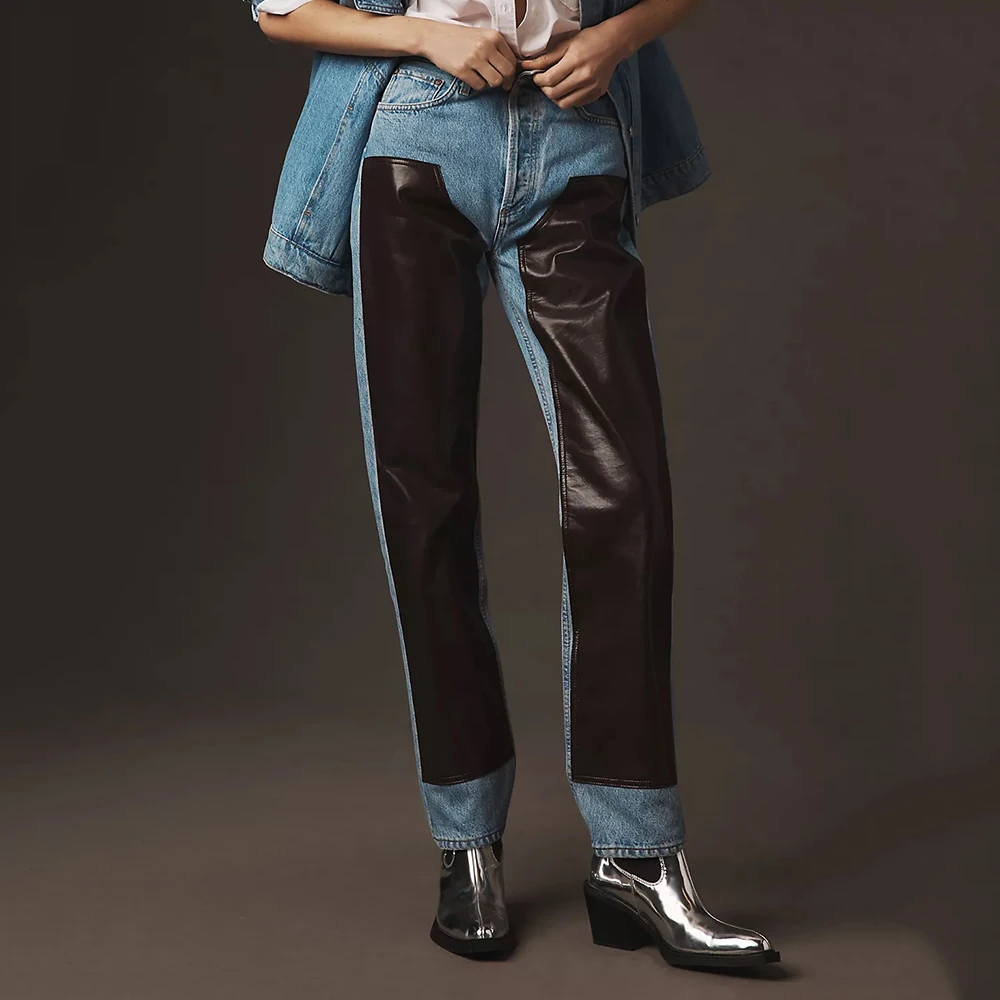 2025 Spring & Summer New Women's Jeans Y2k Crash Color PU Splicing High Waist Straight Pants Fashion Slim Hundred Pencil Pants