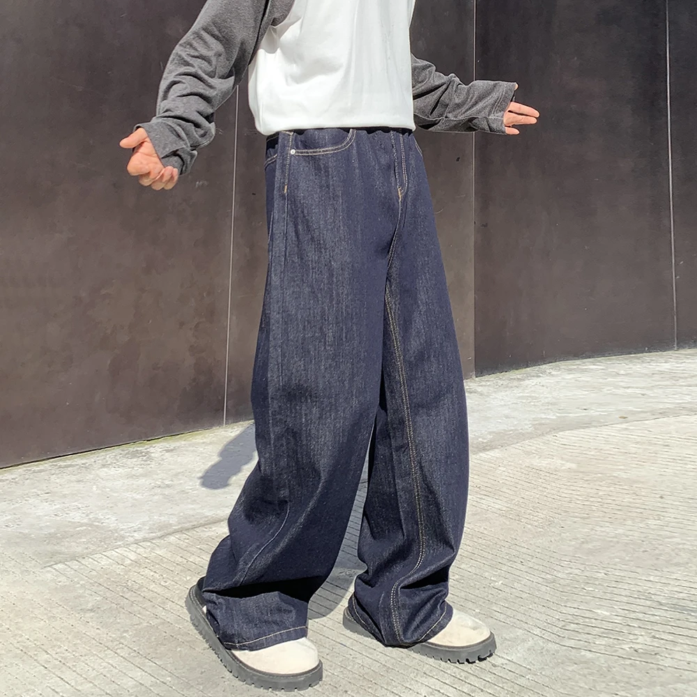 อเมริกันฮิปฮอปกางเกงยีนส์หลวมสีกรมท่าสีน้ำเงิน DENIM ขาตรงกางเกงขากว้างแฟชั่นฮิปฮอปสตรีทแวร์กางเกงยูนิเซ็กซ์