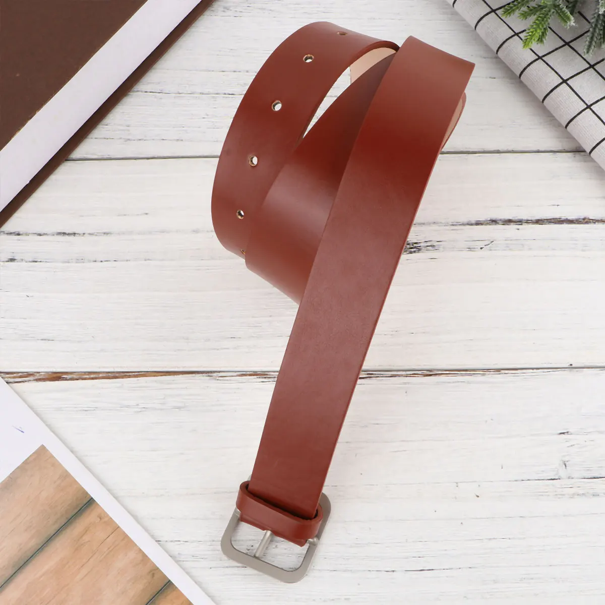 

1pc Women Adjustable Casual Belt Square Buckle For Women Waist Hip Belt Khaki Silver 110Cm 3.3Cm Width