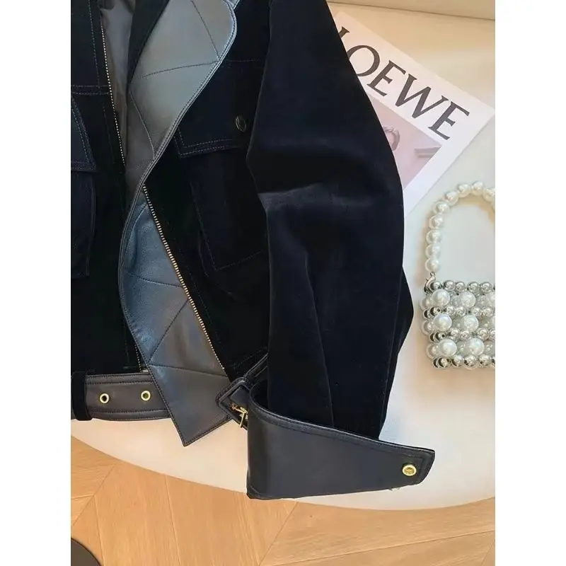 

Retro Black PU Leather Patchwork Design Stand Up Collar Jacket for Women 2025 Autumn New Versatile Short Coat Female Clothing