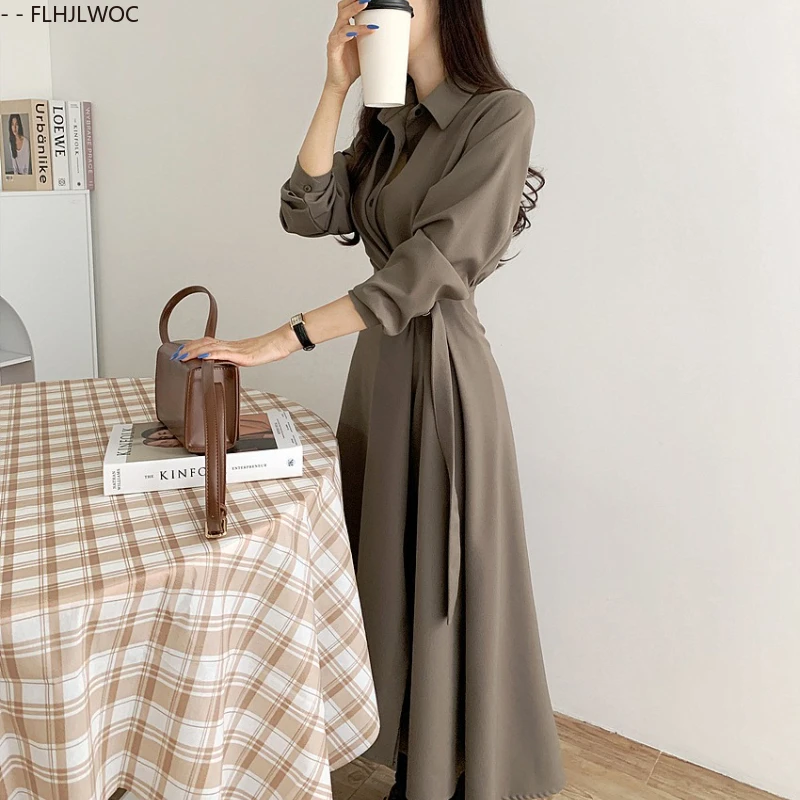 시크한 한국 의류 여성 기질 오피스룩 우아한 기본 무지 빈티지 레이스업 셔츠 드레스 여성스러운 베스티도스