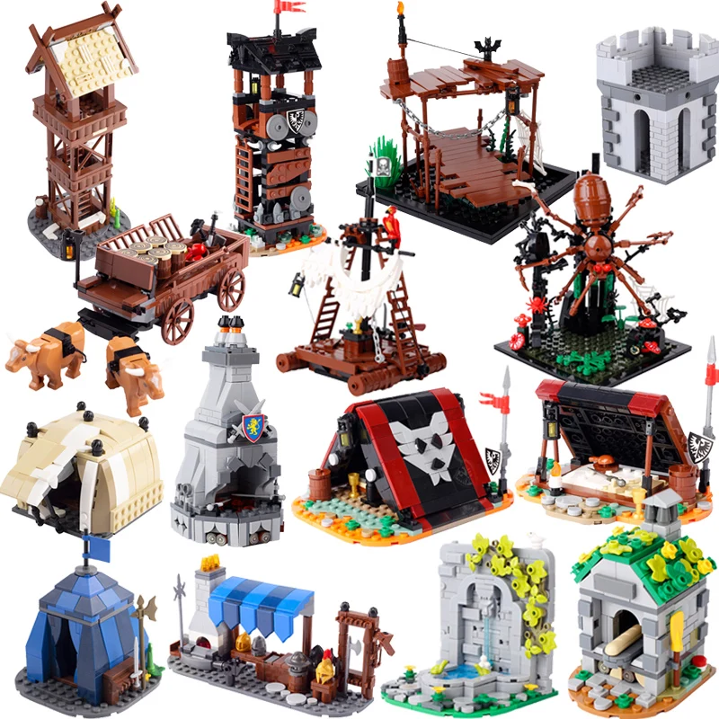 MOC Medieval Military Series Building Blocks Castle Army Roman Soldiers Campsite Tent Pirate Raft Suspension Bridge Bricks Toys