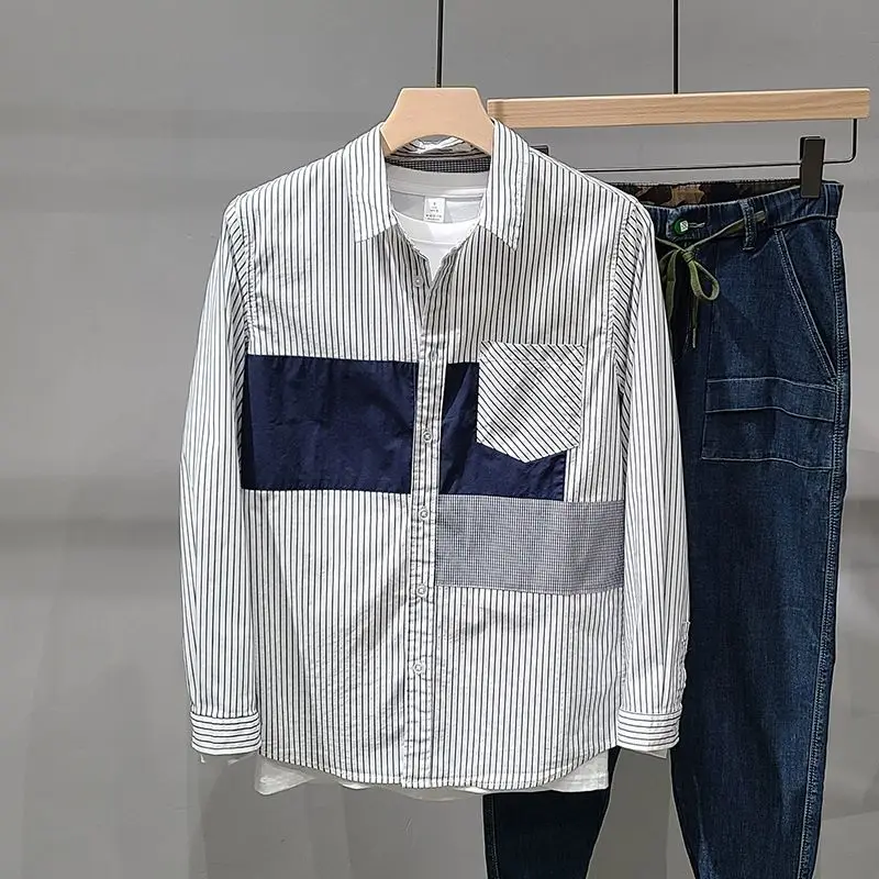 Grey Striped Long Sleeved Shirt Men's Versatile Hong Kong Style Japanese Style Contrasting Splicing Trendy Casual Loose Shirt