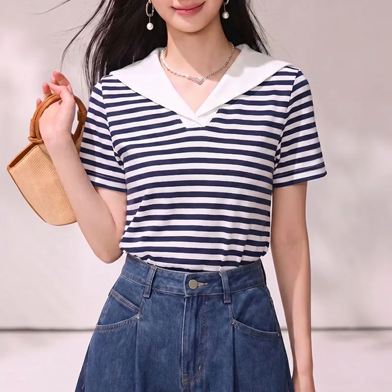 Camiseta de mujer 2026, camiseta de moda de verano de manga corta, blusa con cuello marinero a rayas, ropa de mujer Q4971