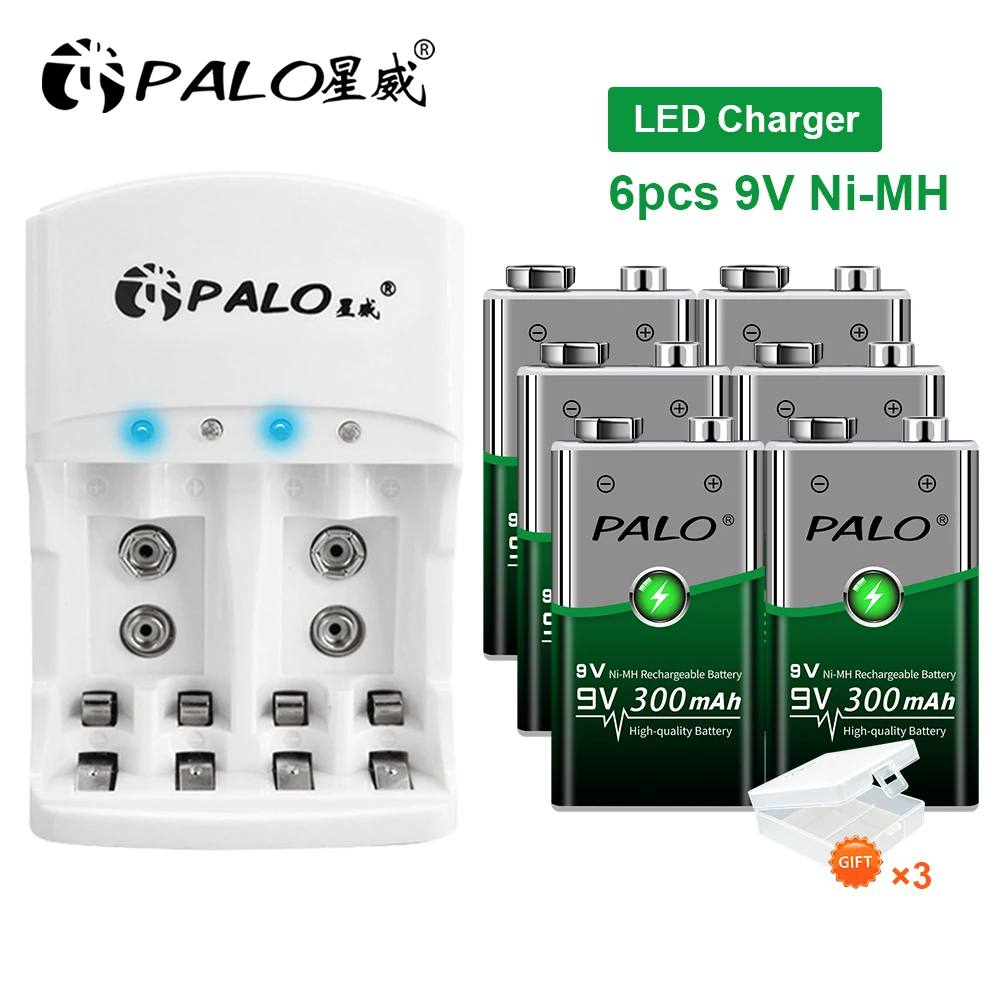 PALO 9V 300mAh NiMH Rechargeable Battery  +LED Indicator light Battery Charger For AA AAA 9V Ni-MH Ni-Cd Rechargeable Battery