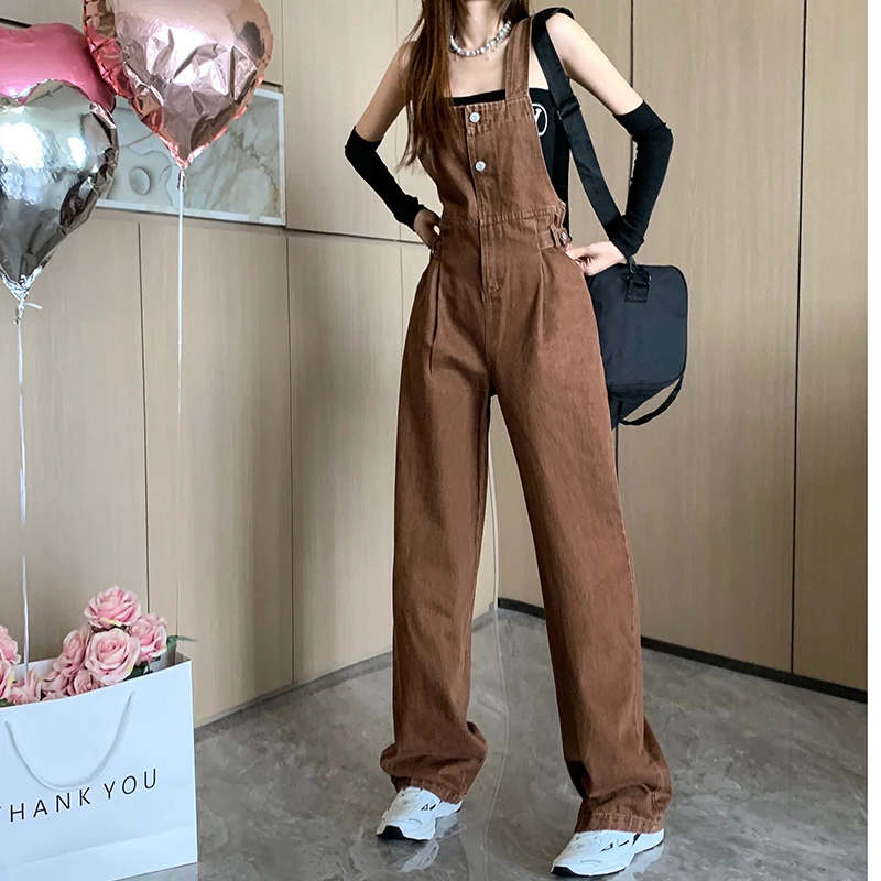 

Retro Dark Brown Denim Overalls For Women Clothes Casual 2024 Summer Jeans Jumpsuit Vintage Korean Female Playsuits Trousers Y2k