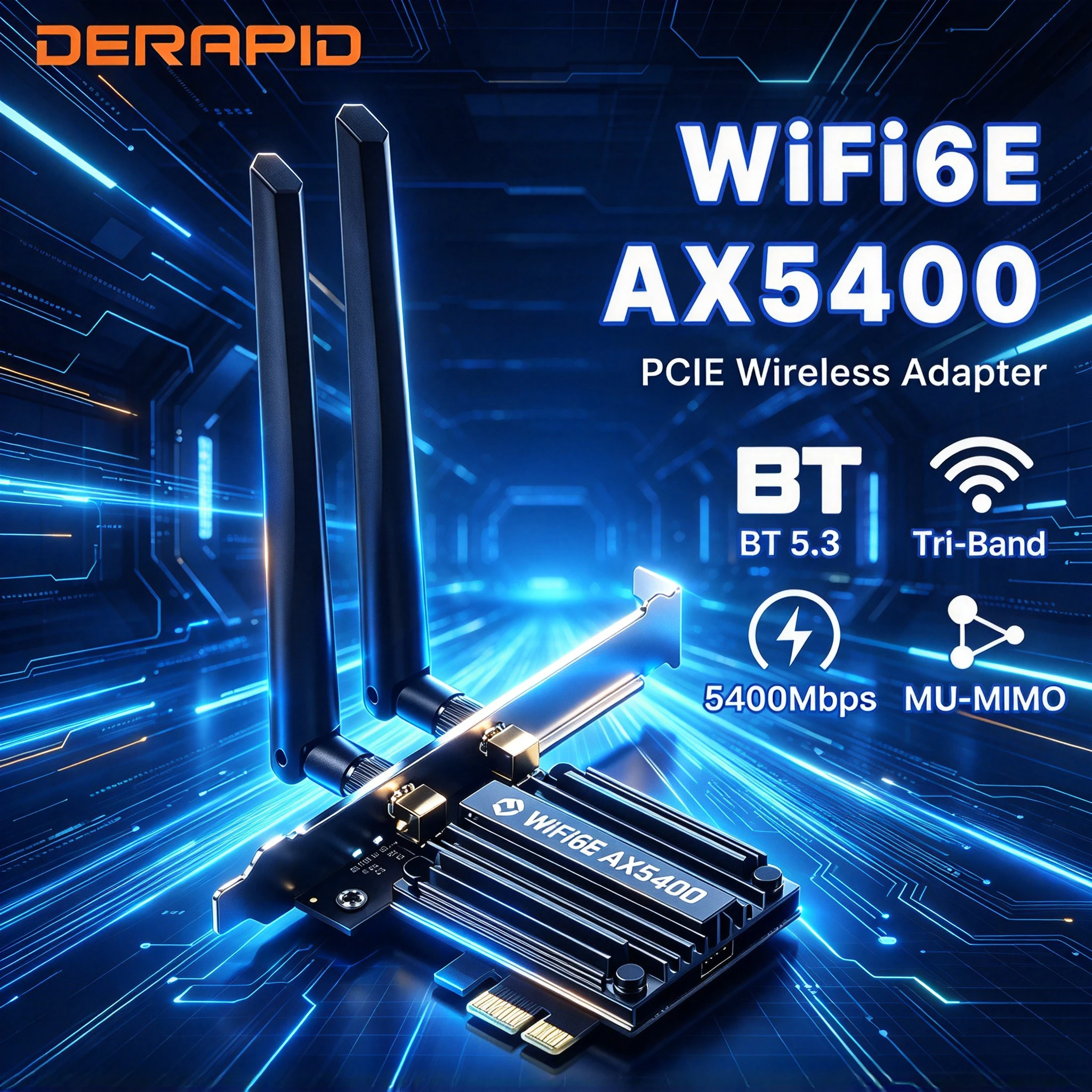 DERAPID AX5400 WiFi6E PCIe Wireless Adapter 5400Mbps Tri-Band BT5.3 MT7922 Antenna Heatsink for Desktop PC Win10 Win11